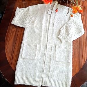Cozy White Knit Cardigan Size S/M  Open Front with pockets